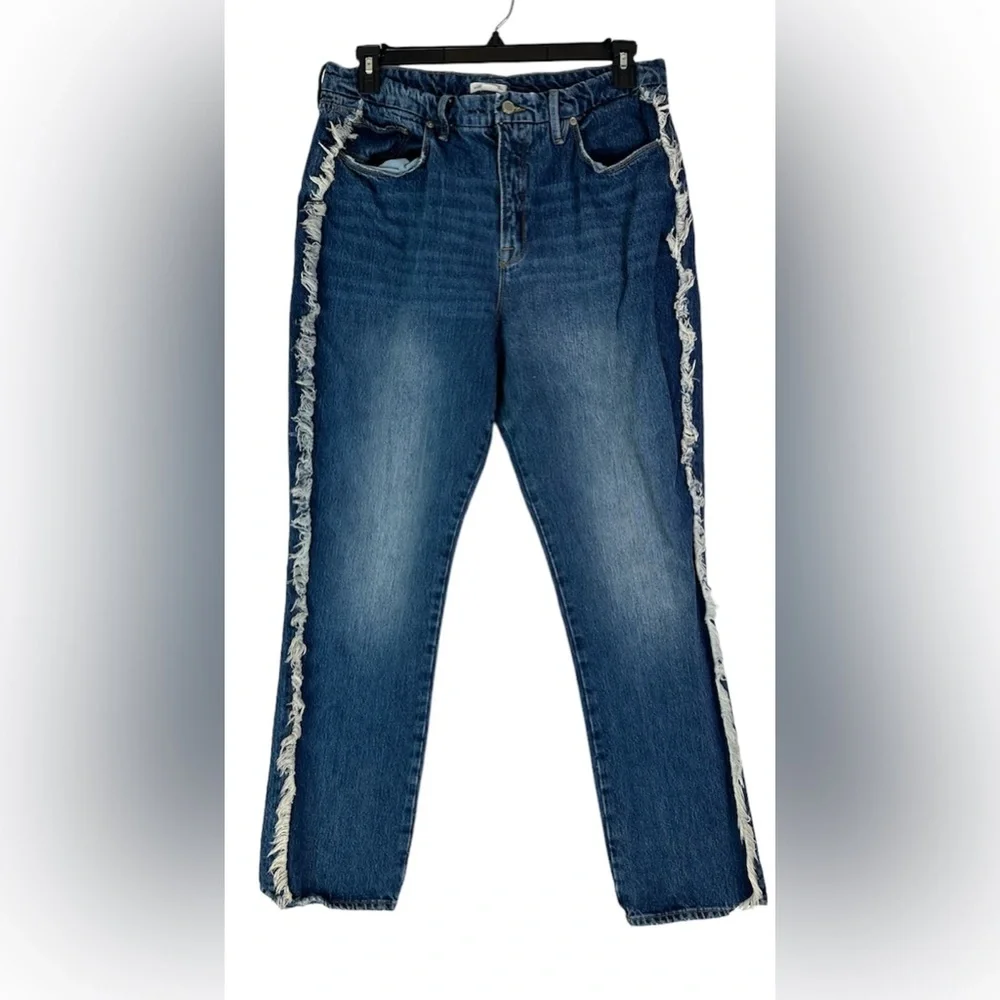 Good American Jeans Women's 15 Good Boy Side Fringed‎ Straight Leg Denim Blue